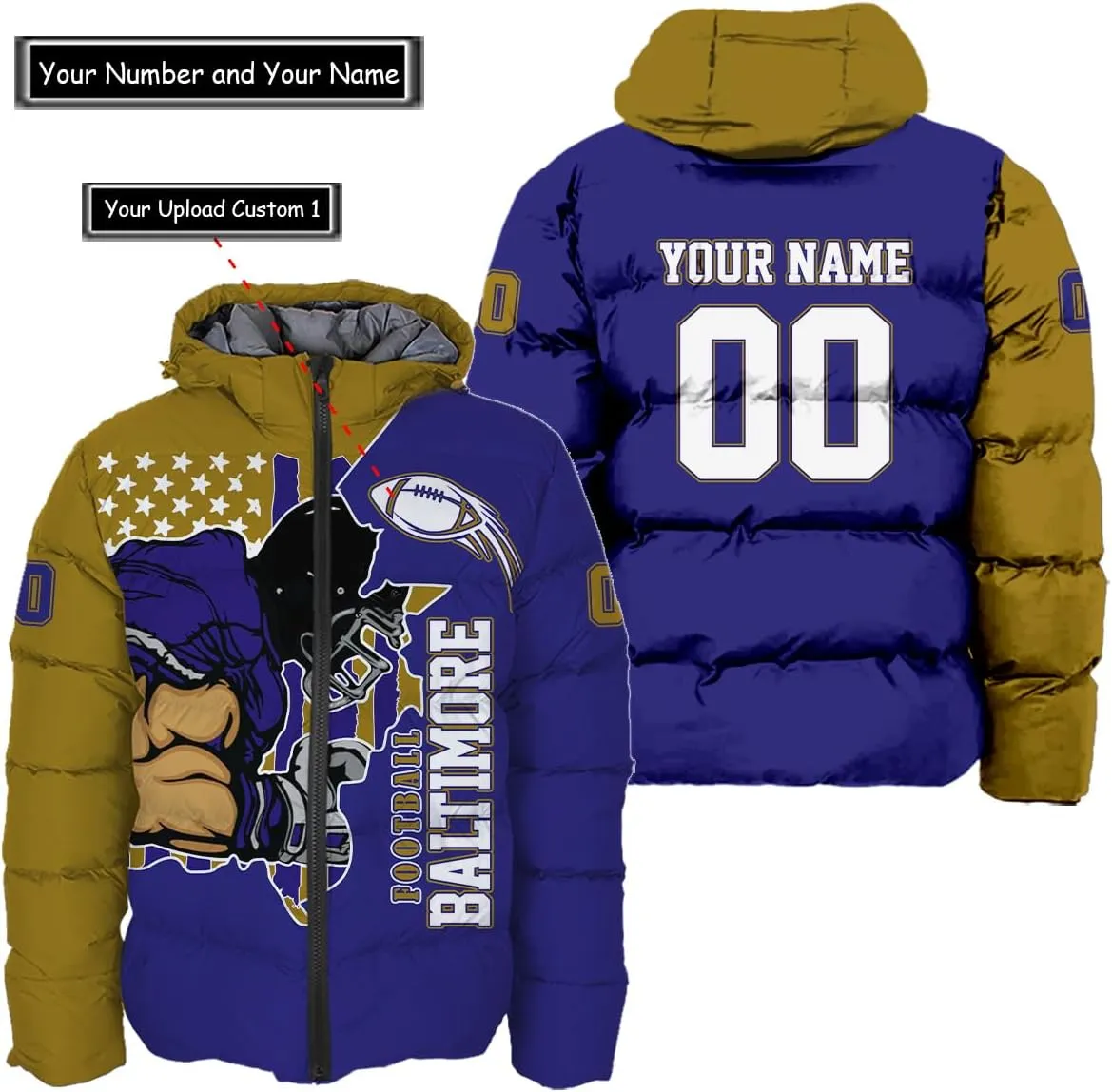 Men Football Custom Puffer Coat Add Any Name Number Lightweight Water-Resistant Winter Windproof Zipper Down Jacket S-5XL