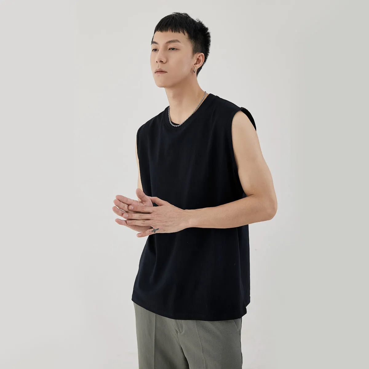 Men Minimalist Basic Sleeveless Matching Summer Solid Colored Cotton Tank Top