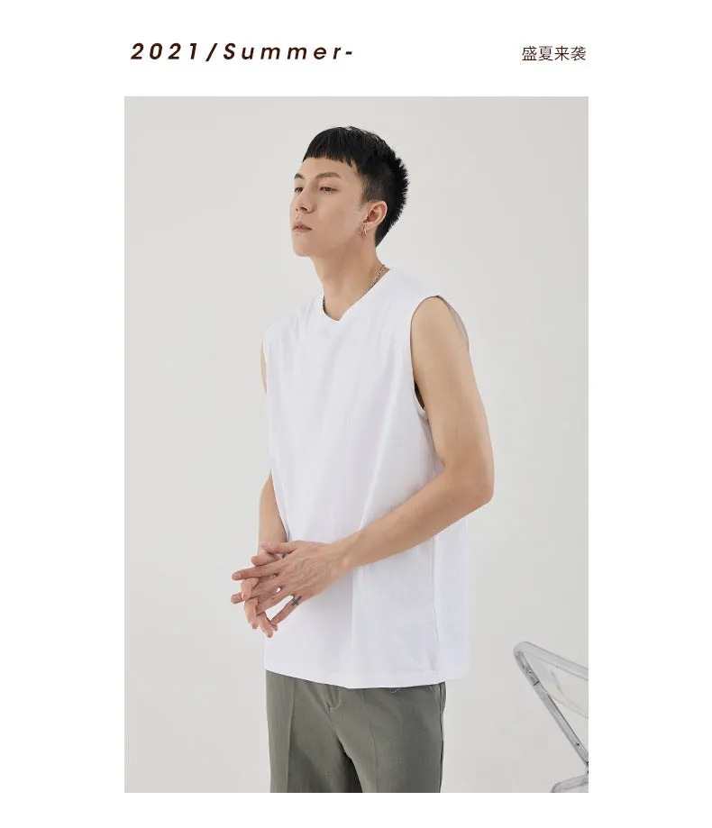 Men Minimalist Basic Sleeveless Matching Summer Solid Colored Cotton Tank Top