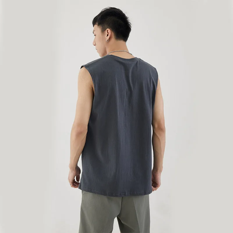 Men Minimalist Basic Sleeveless Matching Summer Solid Colored Cotton Tank Top