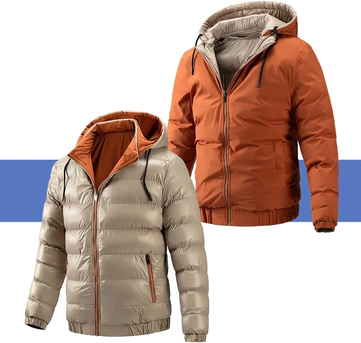 Men' s Winter Cotton Reversible Jacket Thicken Warm Padded Coat Snow Hooded Puffer Jacket Quilted Down Jacket With Hood