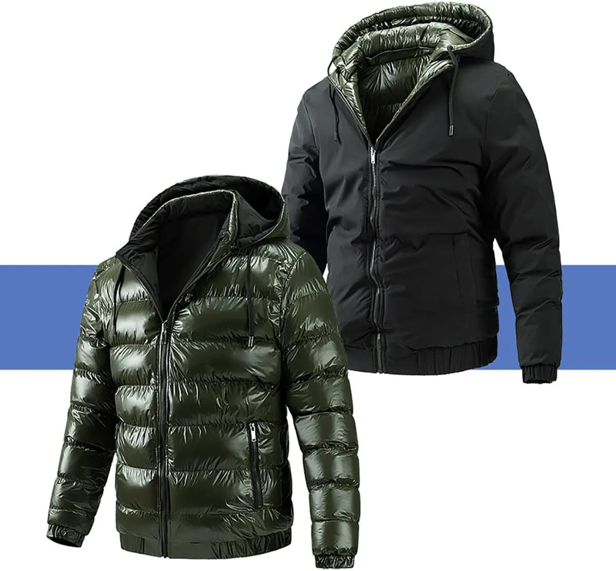 Men' s Winter Cotton Reversible Jacket Thicken Warm Padded Coat Snow Hooded Puffer Jacket Quilted Down Jacket With Hood