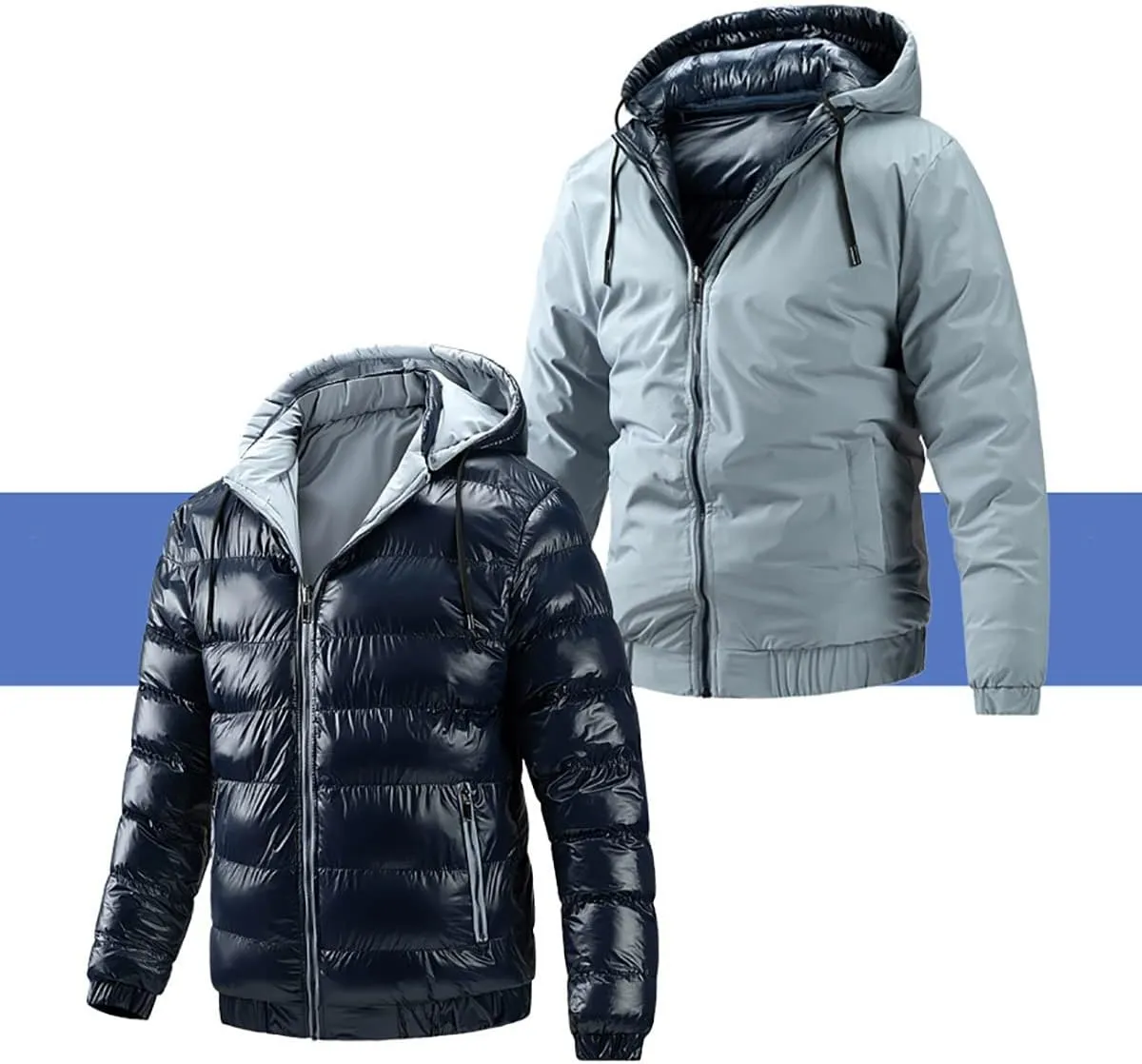 Men' s Winter Cotton Reversible Jacket Thicken Warm Padded Coat Snow Hooded Puffer Jacket Quilted Down Jacket With Hood