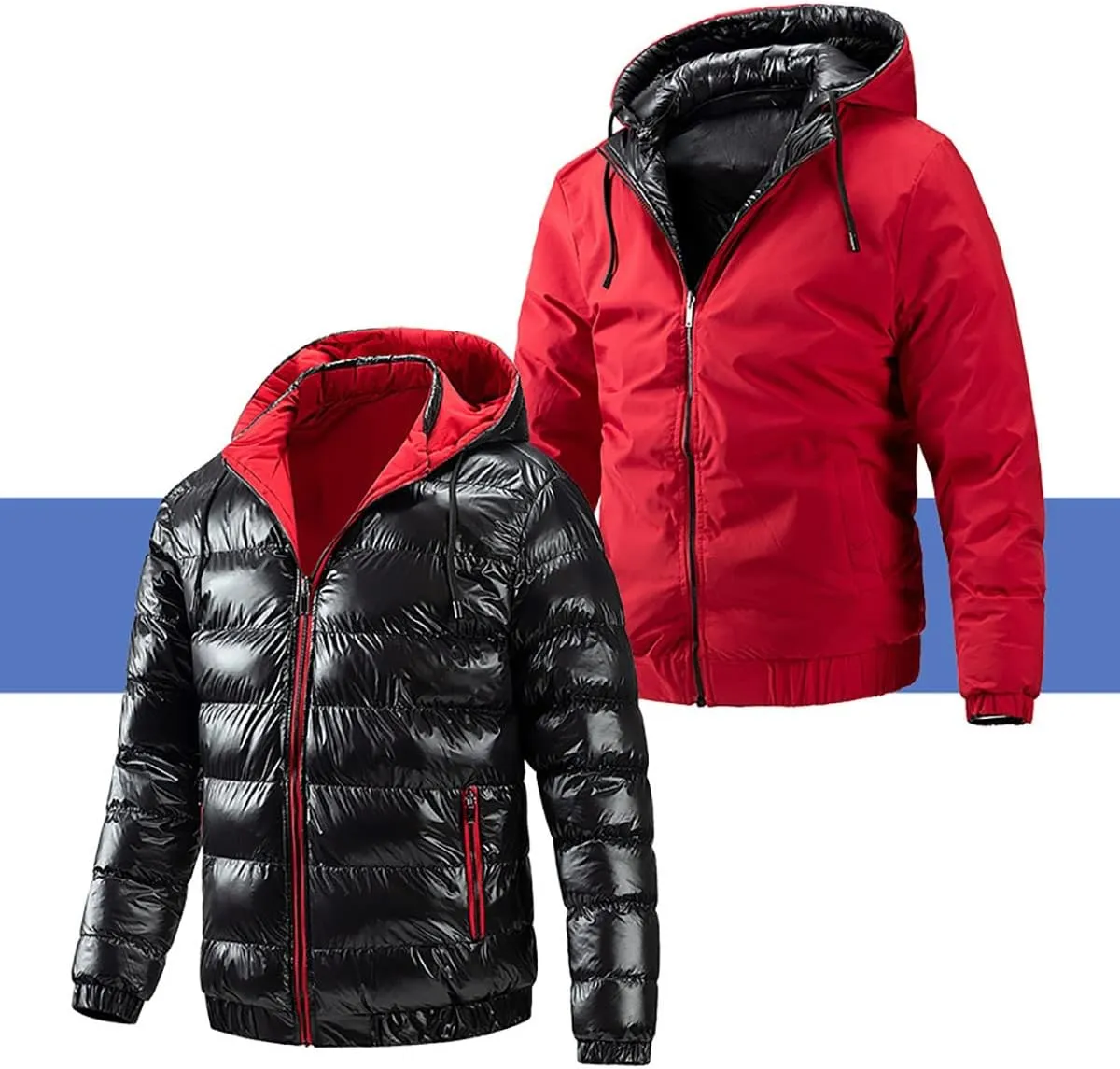 Men' s Winter Cotton Reversible Jacket Thicken Warm Padded Coat Snow Hooded Puffer Jacket Quilted Down Jacket With Hood