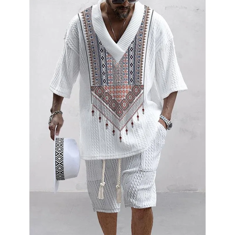 MEN'S ART CASUAL PRINT SHORTS SET 91109488YM