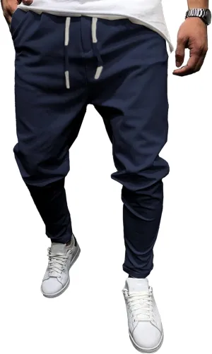 Men's Casual Chino Joggers Pants Tapered Sweatpants with Pockets Cotton Twill Elastic Waist Trousers