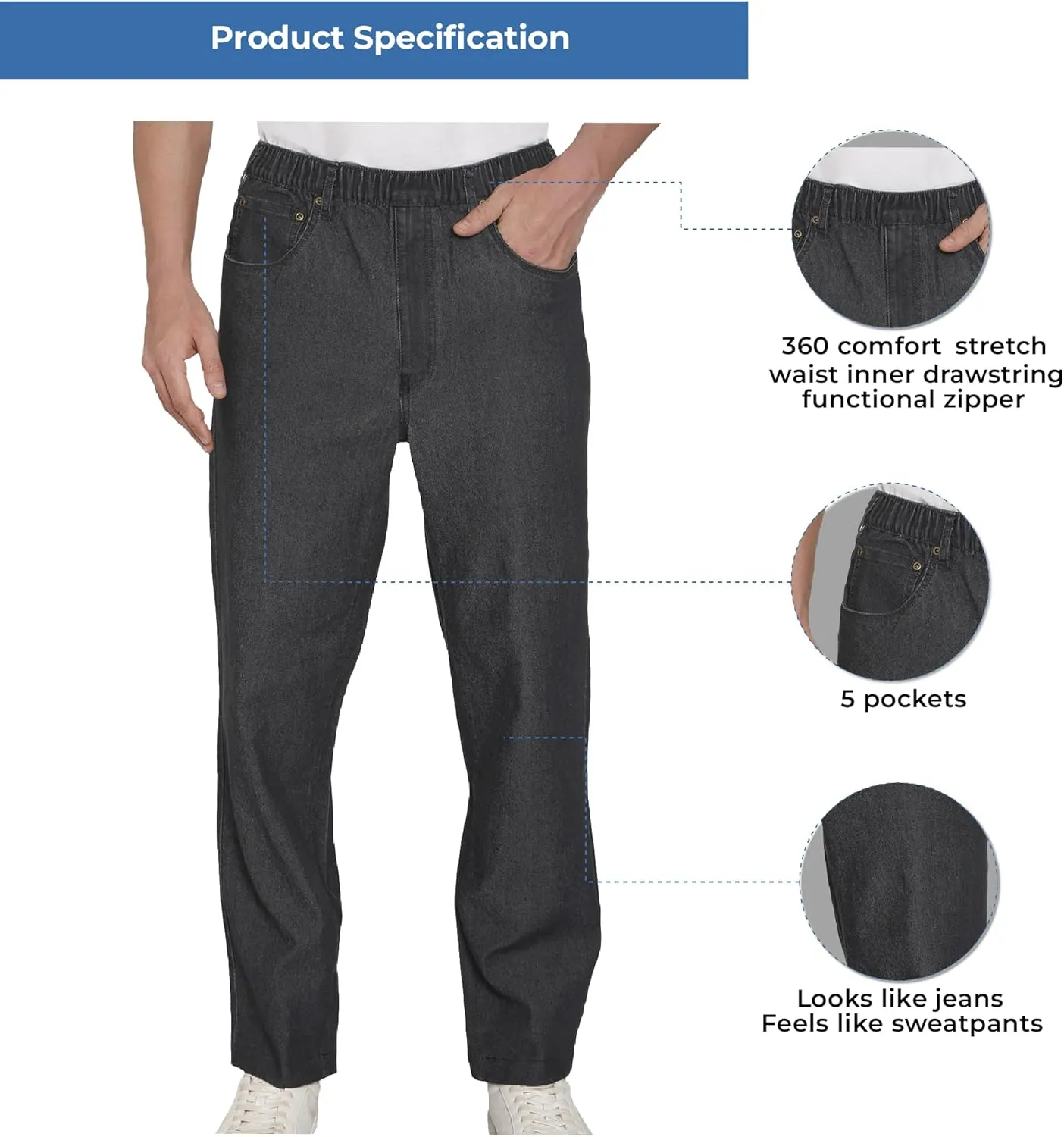 Men's Casual Elastic Waist Pull on Jeans in Denim & Twill