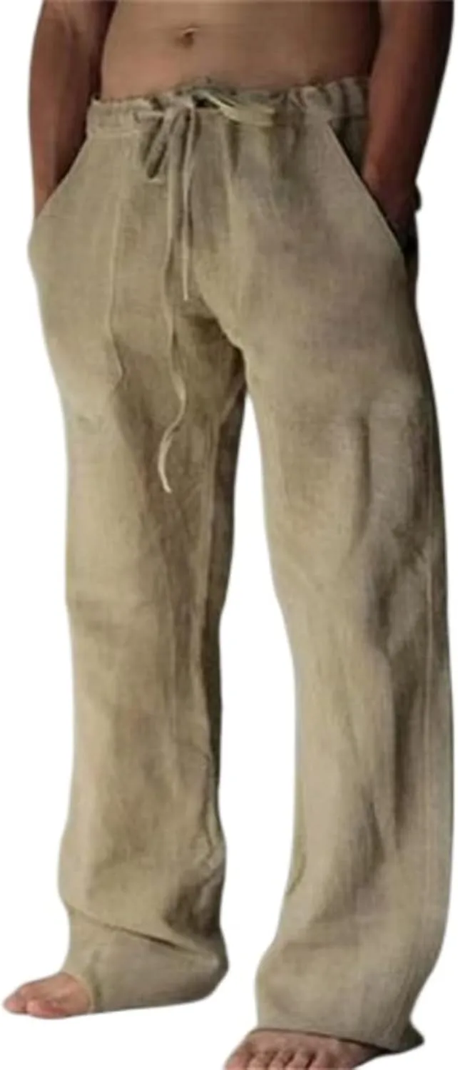 Mens Casual Linen Pants Elastic Waist Drawstring Straight Summer Beach Pants