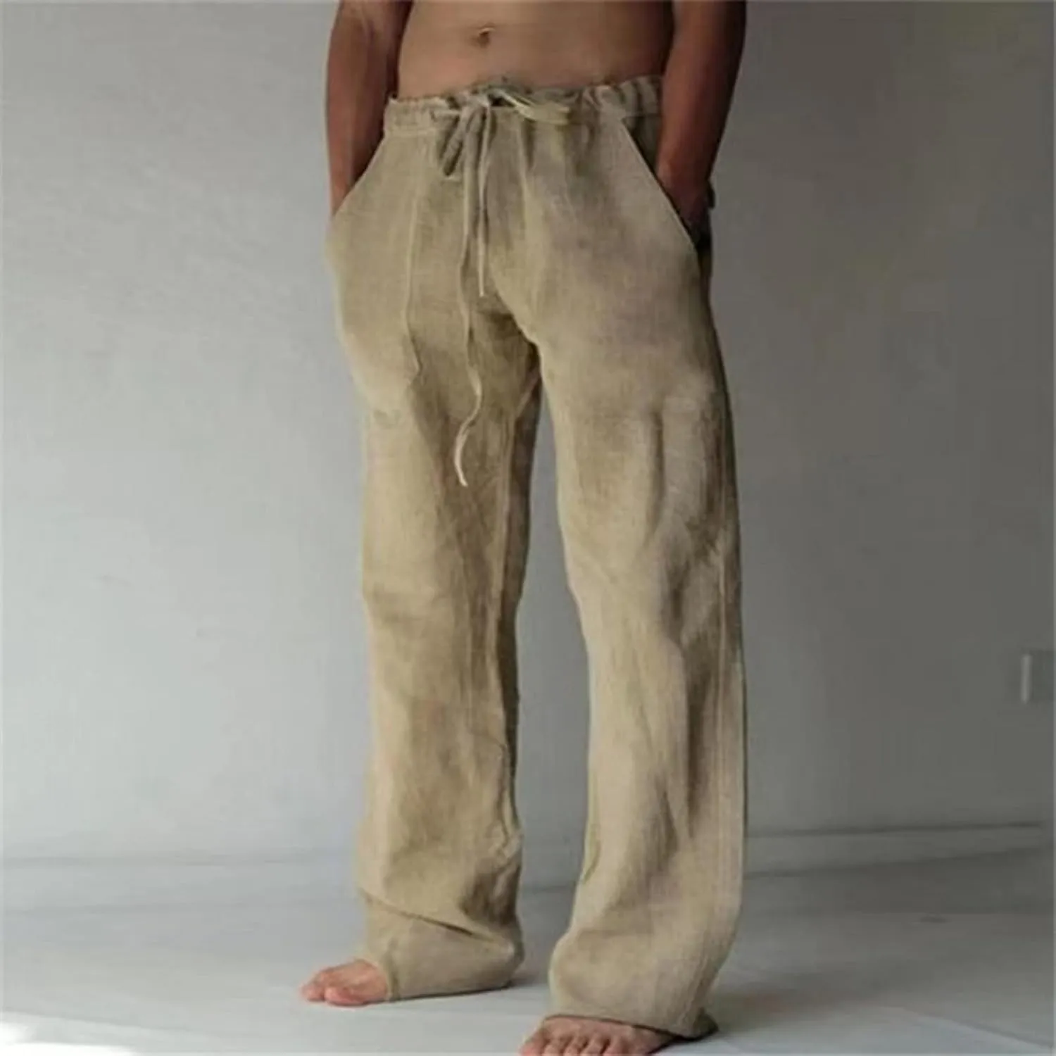Mens Casual Linen Pants Elastic Waist Drawstring Straight Summer Beach Pants
