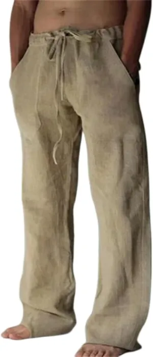 Mens Casual Linen Pants Elastic Waist Drawstring Straight Summer Beach Pants