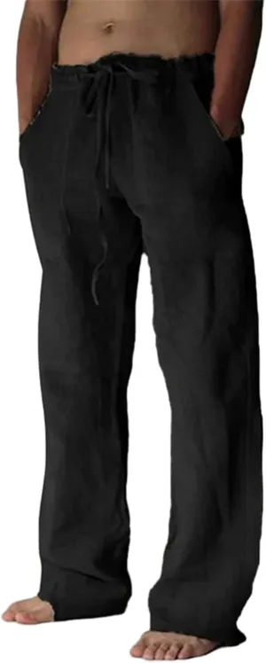 Mens Casual Linen Pants Elastic Waist Drawstring Straight Summer Beach Pants
