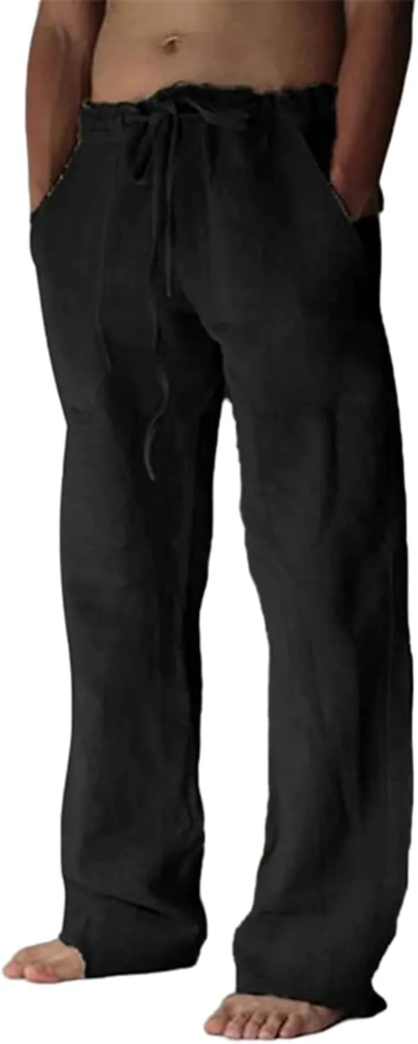 Mens Casual Linen Pants Elastic Waist Drawstring Straight Summer Beach Pants