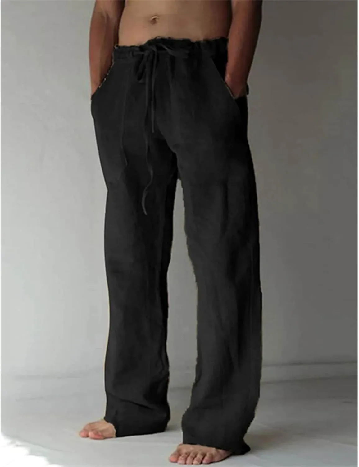 Mens Casual Linen Pants Elastic Waist Drawstring Straight Summer Beach Pants