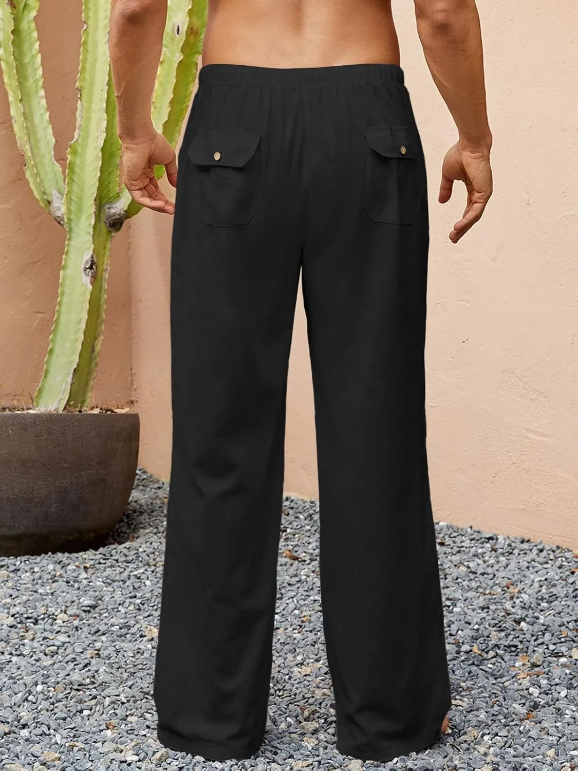 Mens Casual Linen Pants Elastic Waist Wide Leg Summer Beach Yoga Pants Linen Lounge Trousers