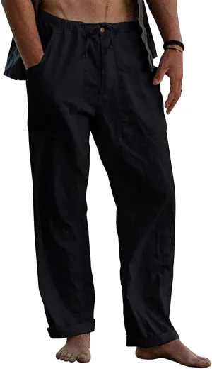 Mens Casual Linen Pants Elastic Waist Wide Leg Summer Beach Yoga Pants Linen Lounge Trousers
