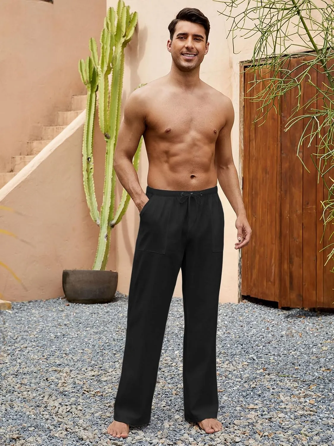 Mens Casual Linen Pants Elastic Waist Wide Leg Summer Beach Yoga Pants Linen Lounge Trousers