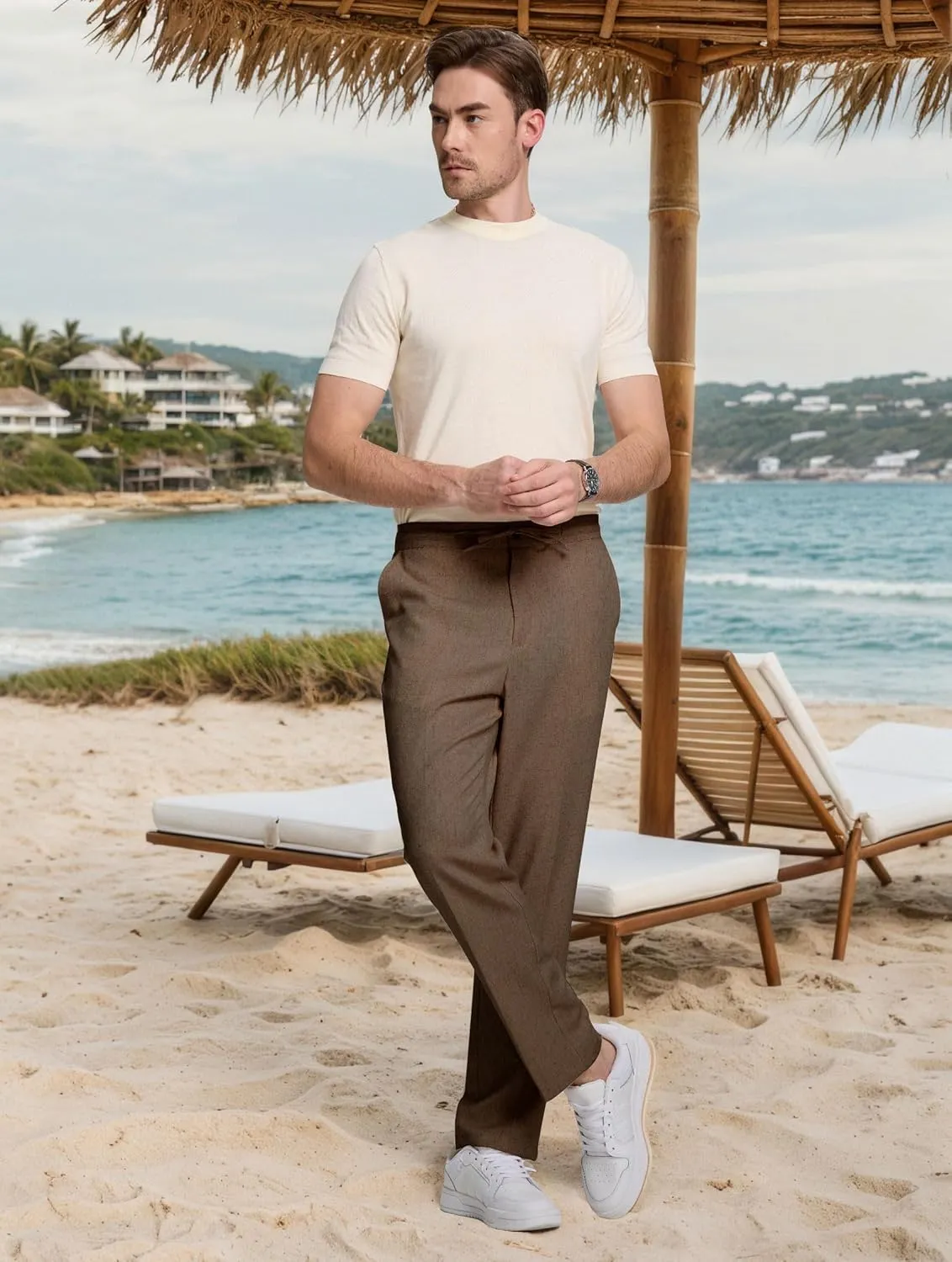 Men's Casual Pants Linen Drawstring Elastic Waist Loose Fit Men Dress Pants Summer Travel Beach Yoga Jog Trouser