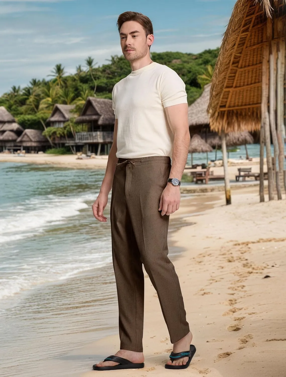 Men's Casual Pants Linen Drawstring Elastic Waist Loose Fit Men Dress Pants Summer Travel Beach Yoga Jog Trouser