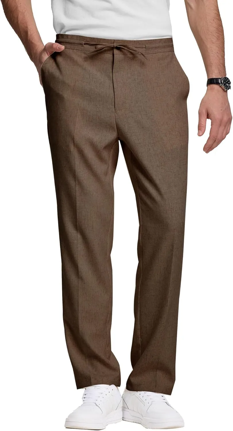 Men's Casual Pants Linen Drawstring Elastic Waist Loose Fit Men Dress Pants Summer Travel Beach Yoga Jog Trouser