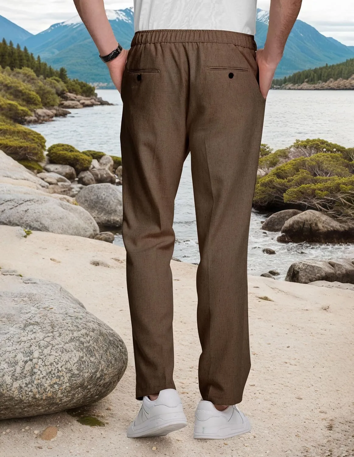 Men's Casual Pants Linen Drawstring Elastic Waist Loose Fit Men Dress Pants Summer Travel Beach Yoga Jog Trouser