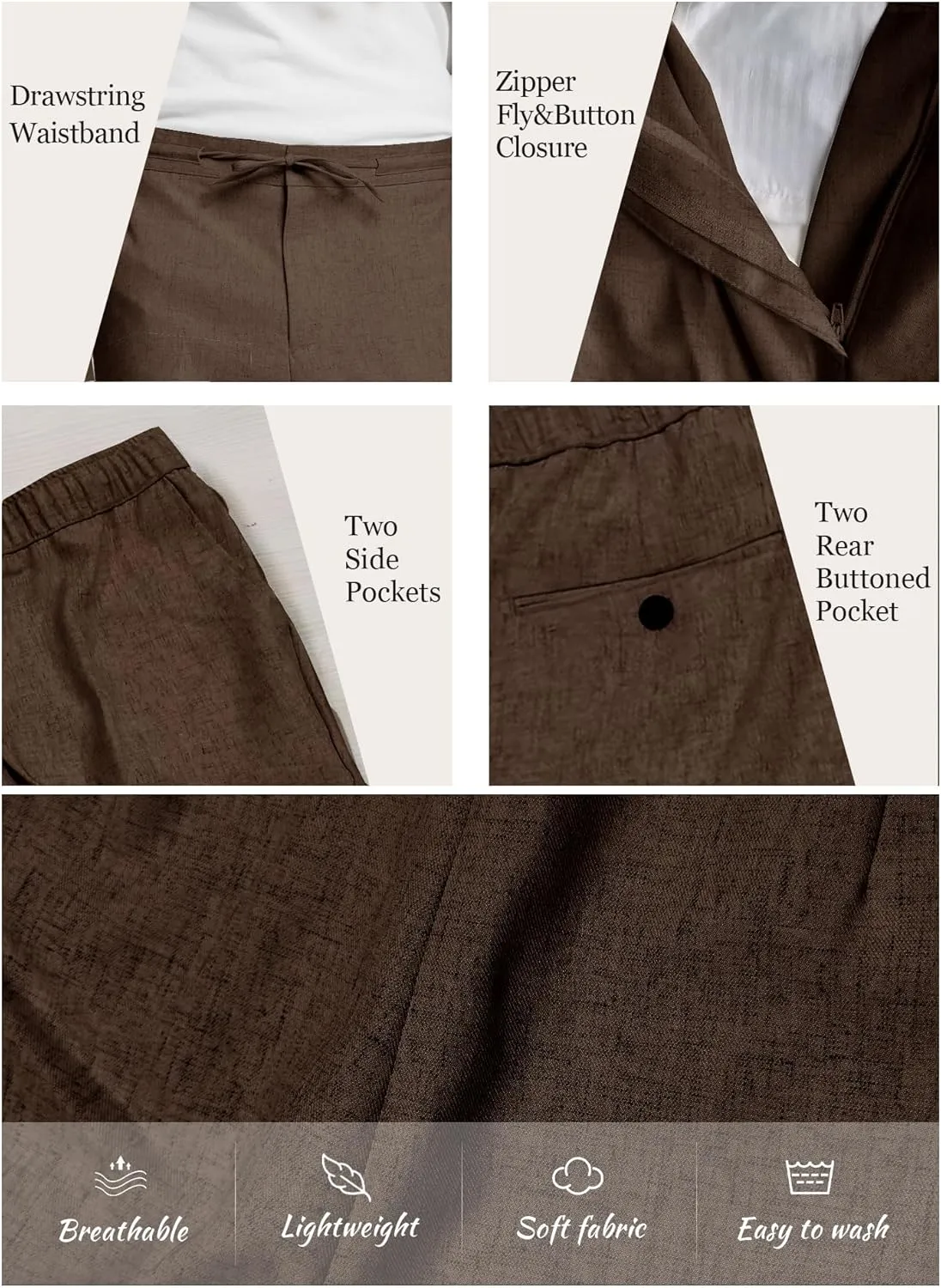 Men's Casual Pants Linen Drawstring Elastic Waist Loose Fit Men Dress Pants Summer Travel Beach Yoga Jog Trouser