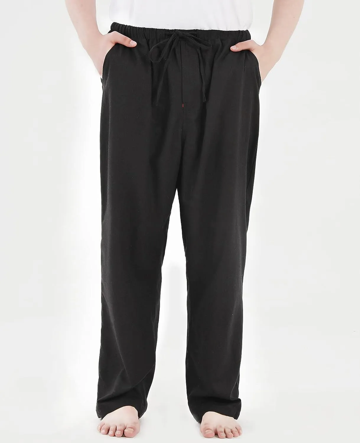 Men's Drawstring Loose Linen Beach Pants Lightweight Elastic Waist Yoga Lounge Cotton Trousers Pajamas