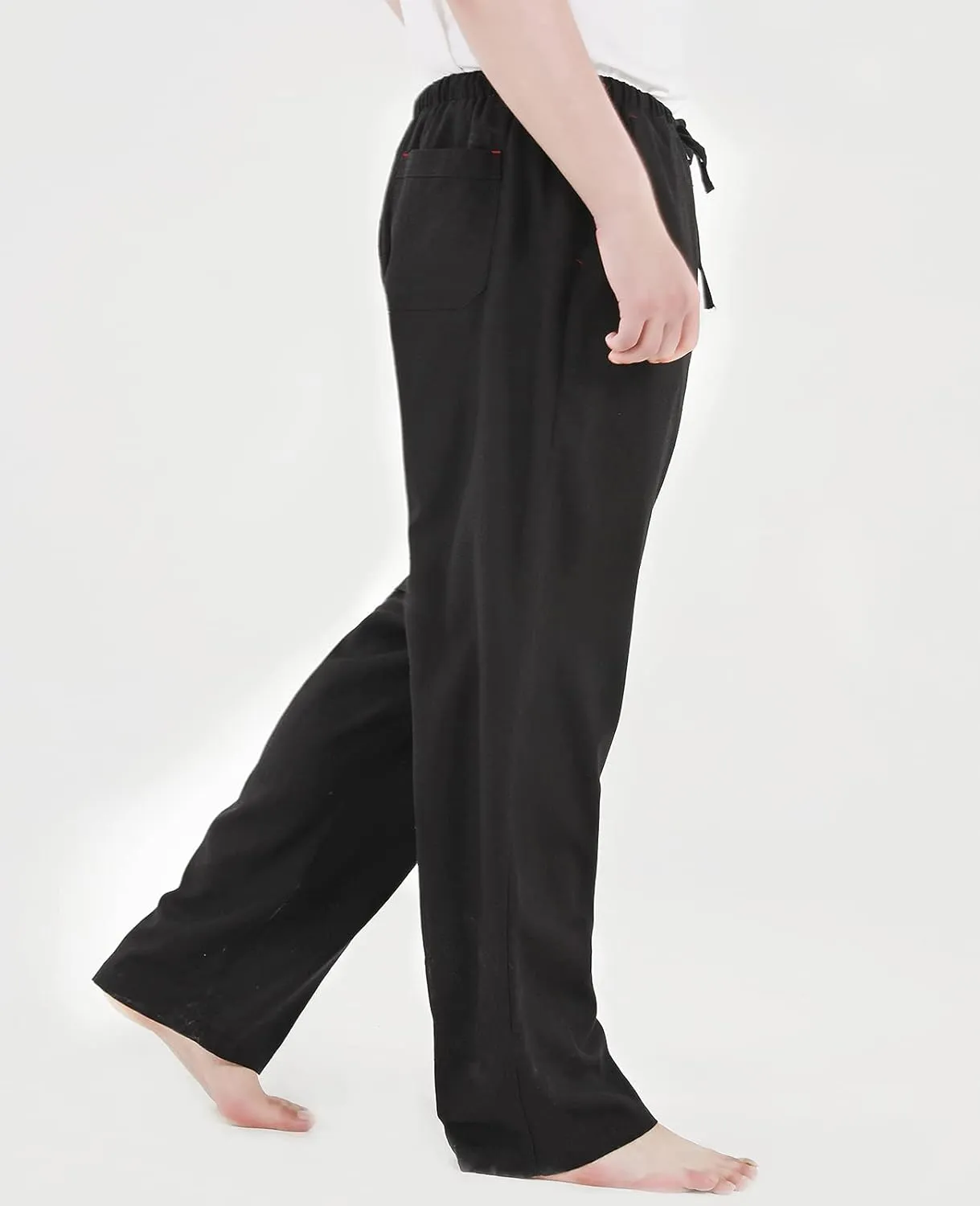 Men's Drawstring Loose Linen Beach Pants Lightweight Elastic Waist Yoga Lounge Cotton Trousers Pajamas