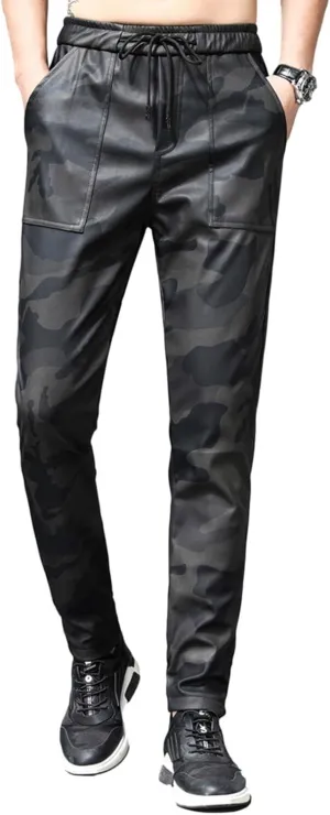 Men`s Faux Leather Jogger Elastic Waist Drawstring PU Harem Pants