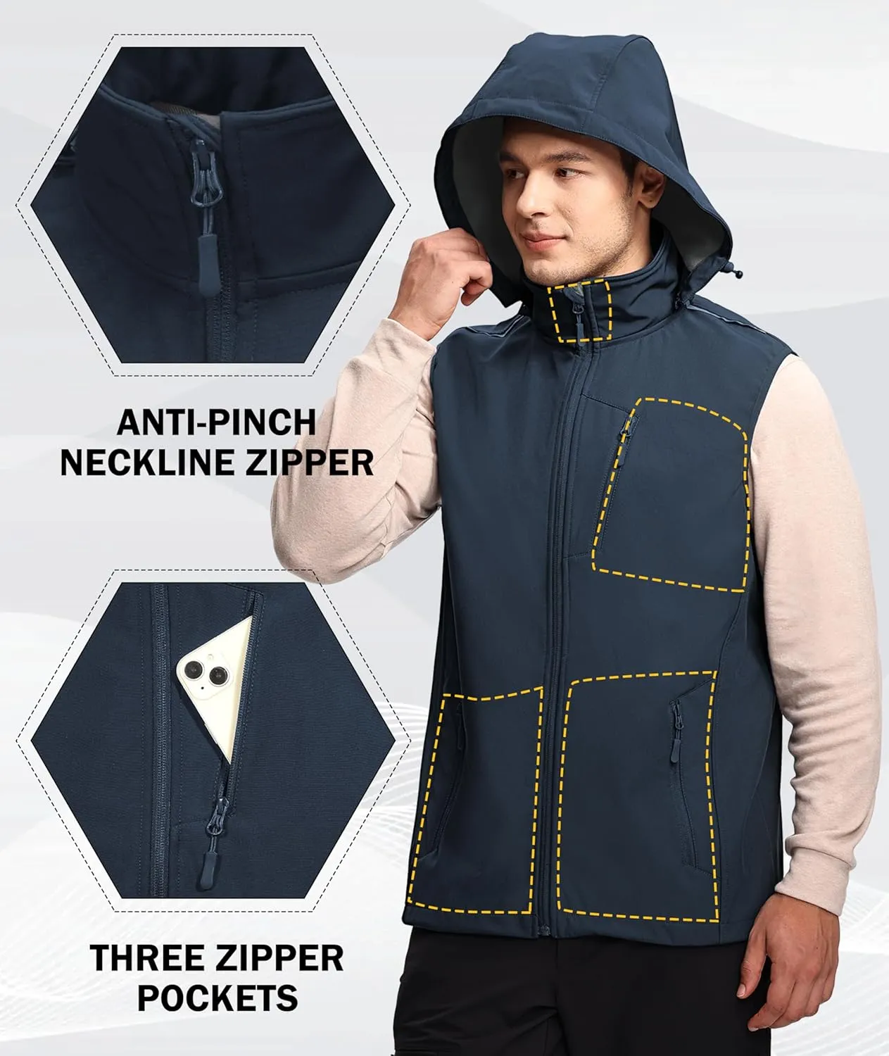 Men's Golf Softshell Vest Removable Hood Outerwear Windproof Zip Up Fleece Lined Activity Running Sleeveless Jacket