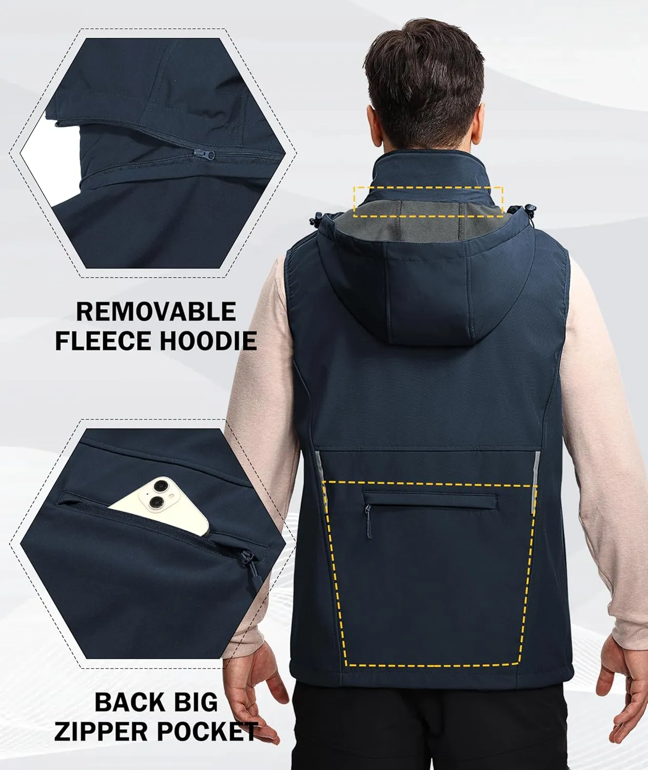 Men's Golf Softshell Vest Removable Hood Outerwear Windproof Zip Up Fleece Lined Activity Running Sleeveless Jacket