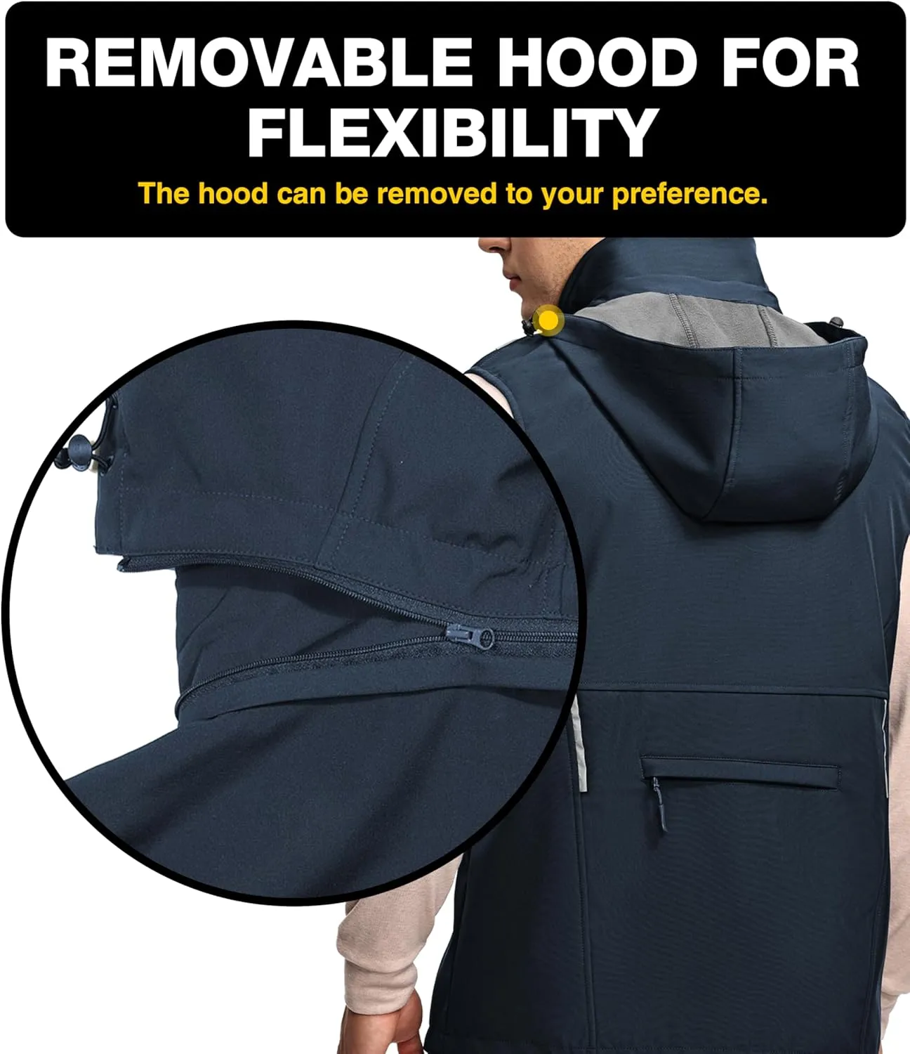 Men's Golf Softshell Vest Removable Hood Outerwear Windproof Zip Up Fleece Lined Activity Running Sleeveless Jacket