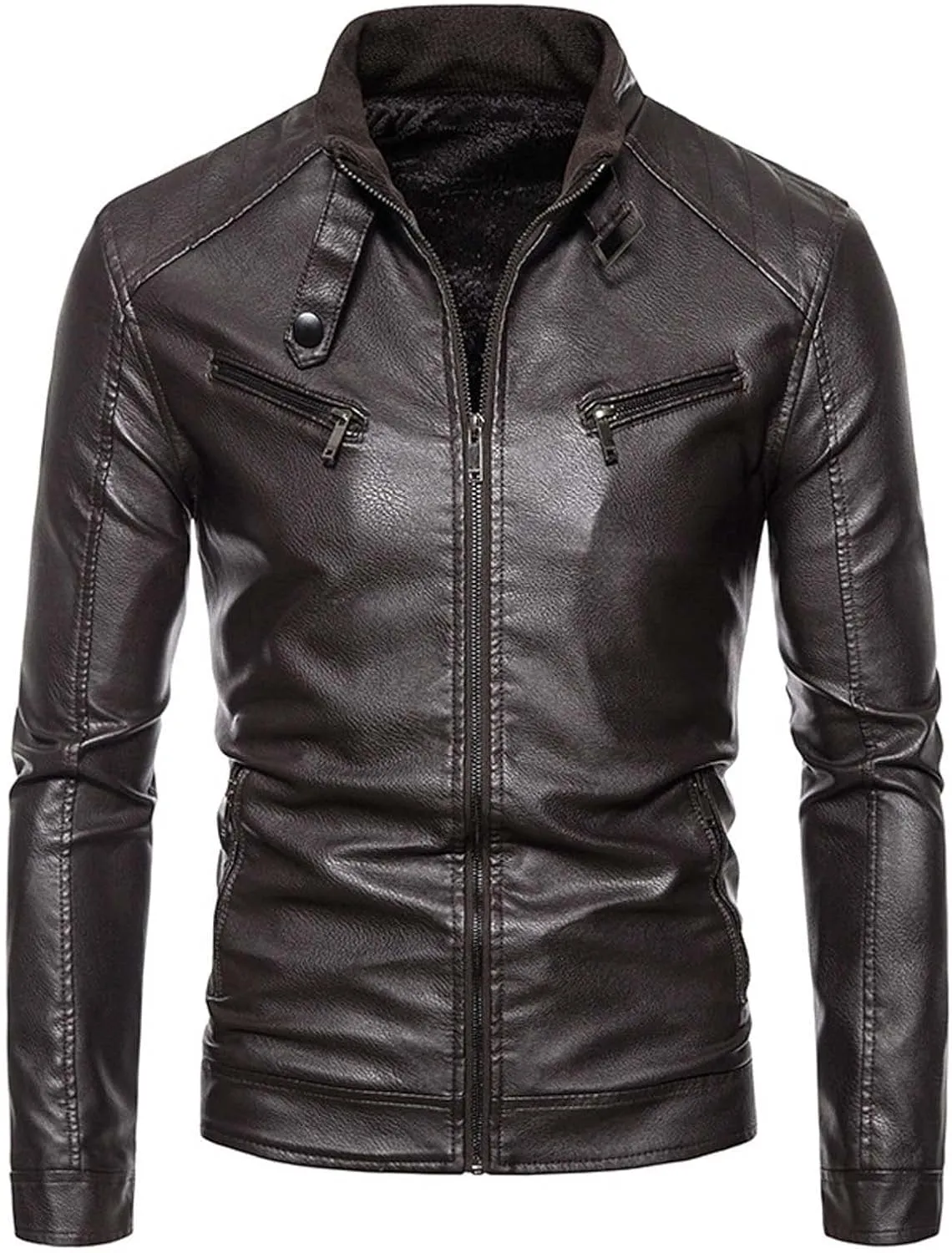 Mens Leather Jacket Slim Fit Motorcycle Jacket Lightweight Faux Leather Outwear Stand Collar Biker Coat