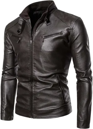 Mens Leather Jacket Slim Fit Motorcycle Jacket Lightweight Faux Leather Outwear Stand Collar Biker Coat