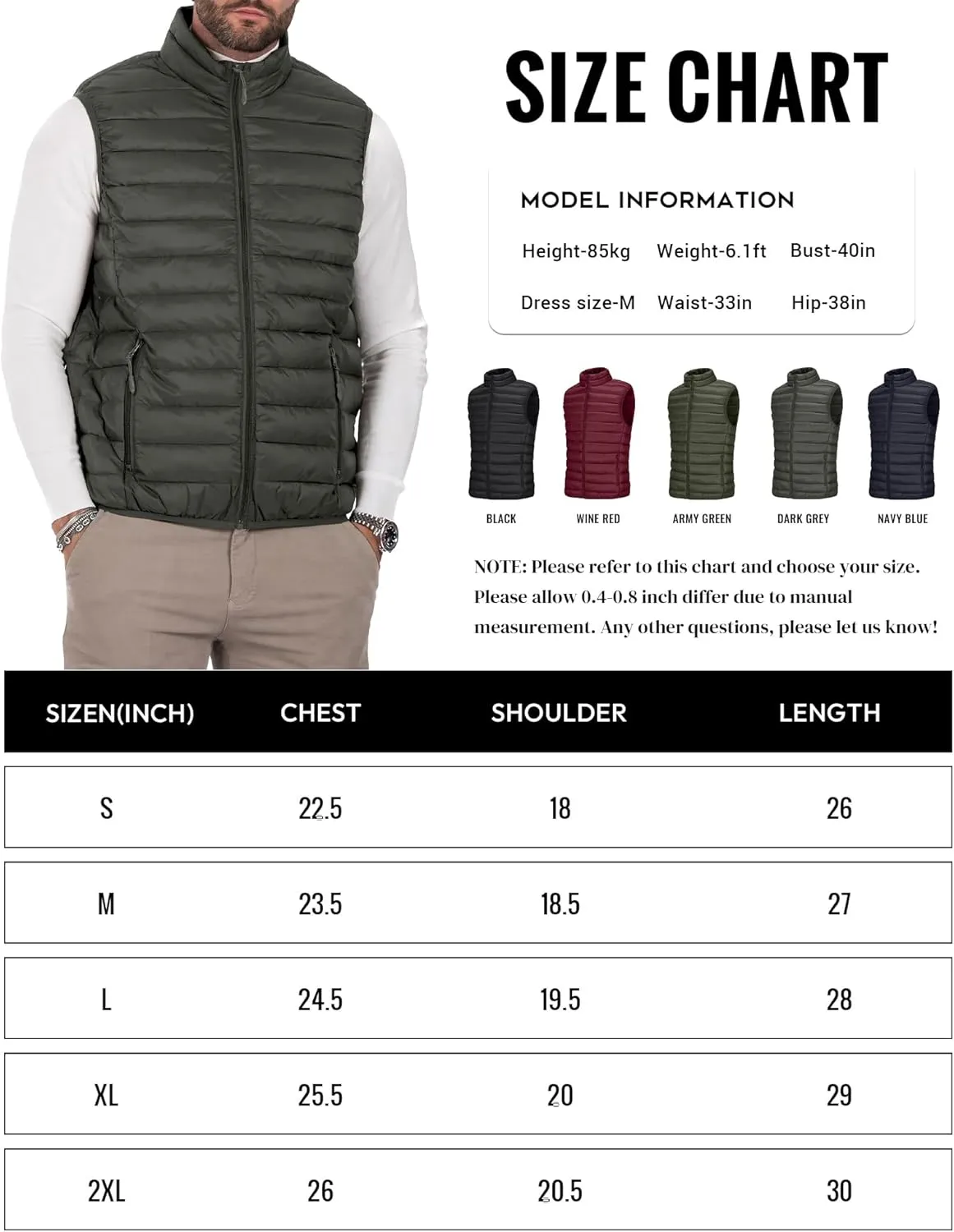 Men's Puffer Vest Outerwear Winter Warm Sleeveless Jacket Zipper Quilted Puffy Vests Size M To 2XL