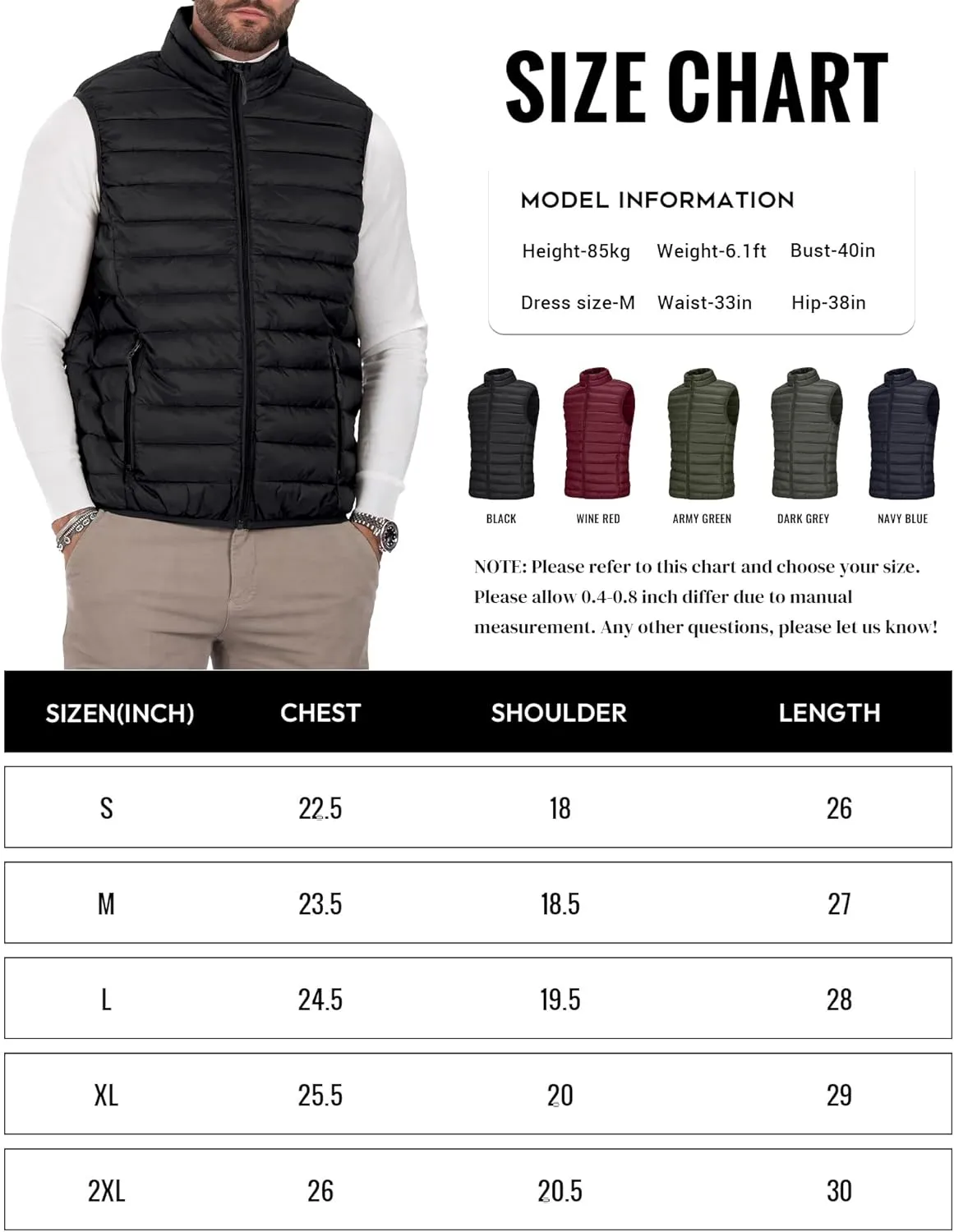 Men's Puffer Vest Outerwear Winter Warm Sleeveless Jacket Zipper Quilted Puffy Vests Size M To 2XL