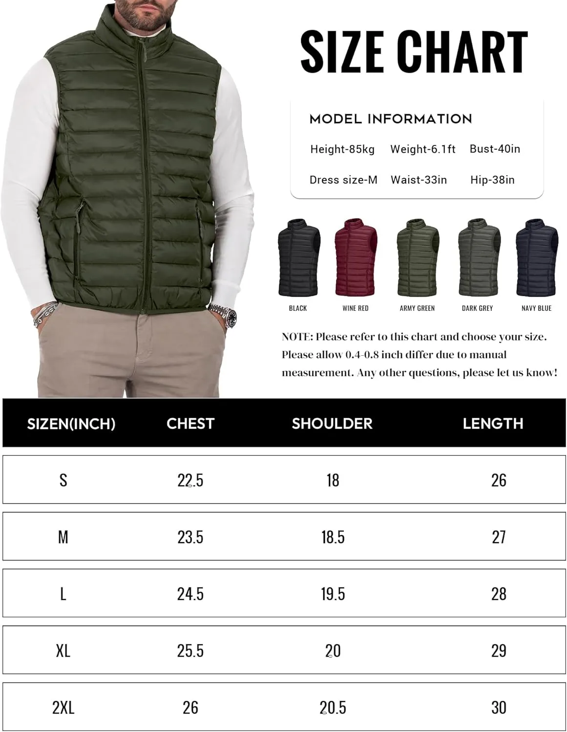 Men's Puffer Vest Outerwear Winter Warm Sleeveless Jacket Zipper Quilted Puffy Vests Size M To 2XL