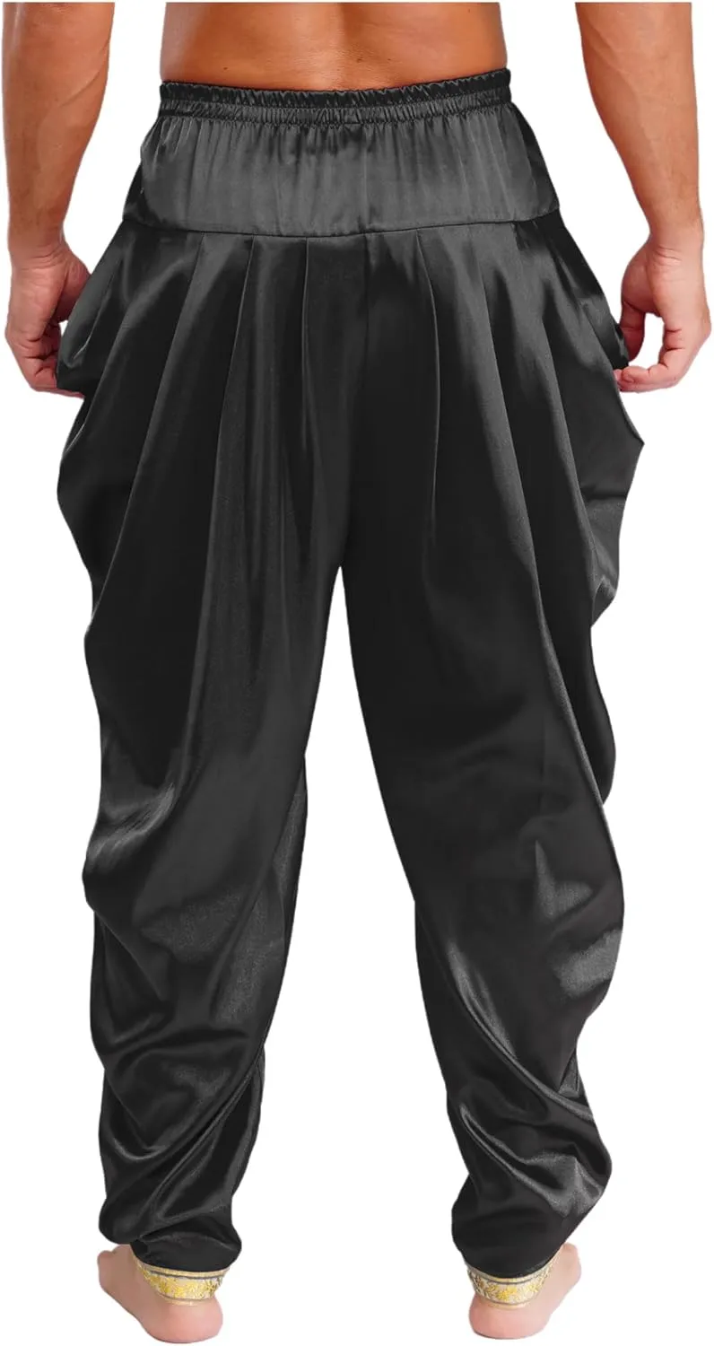 Mens Satin Harem Pants Casual Elastic Waist Pants Baggy Boho Summer Beach Dhoti Trousers