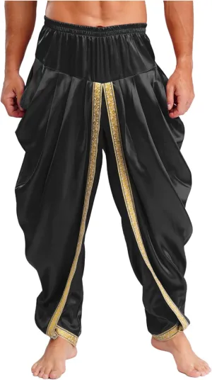 Mens Satin Harem Pants Casual Elastic Waist Pants Baggy Boho Summer Beach Dhoti Trousers