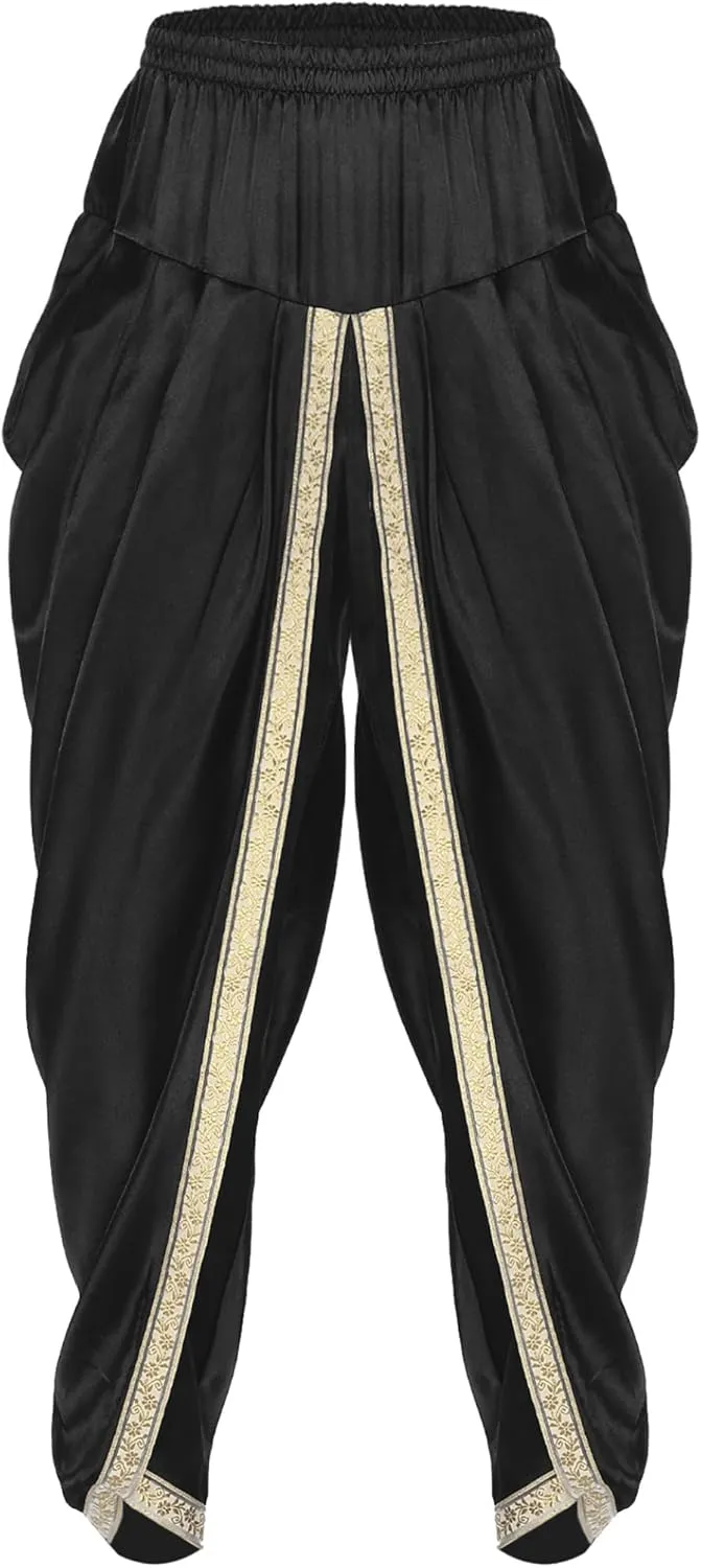 Mens Satin Harem Pants Casual Elastic Waist Pants Baggy Boho Summer Beach Dhoti Trousers