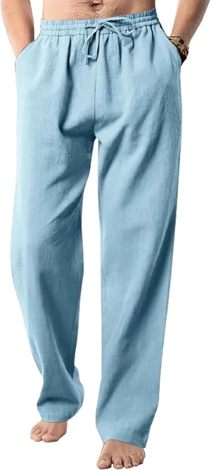 Men's Summer Beach Linen Pants Cotton Yoga Straight-Leg Slack Lightweight Casual Elastic Waist Trousers