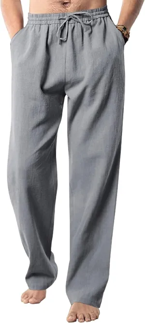 Men's Summer Beach Linen Pants Cotton Yoga Straight-Leg Slack Lightweight Casual Elastic Waist Trousers
