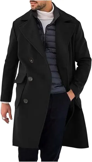 Men's Trench Coat Classic Notched Lapel Pea Coats Warm Single Breasted Overcoat Elegant Long Jacket Overcoat