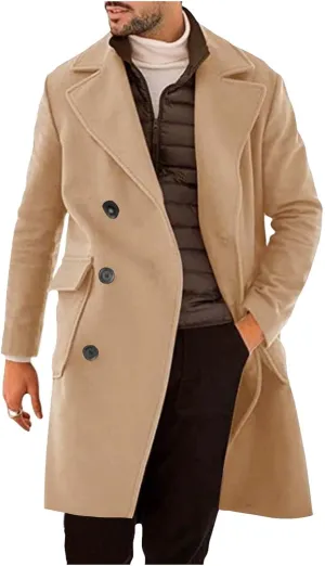 Men's Trench Coat Classic Notched Lapel Pea Coats Warm Single Breasted Overcoat Elegant Long Jacket Overcoat