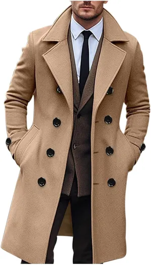 Men's Trench Coat Classic Notched Lapel Peacoat Warm Double Breasted Overcoat Elegant Long Jacket Overcoat