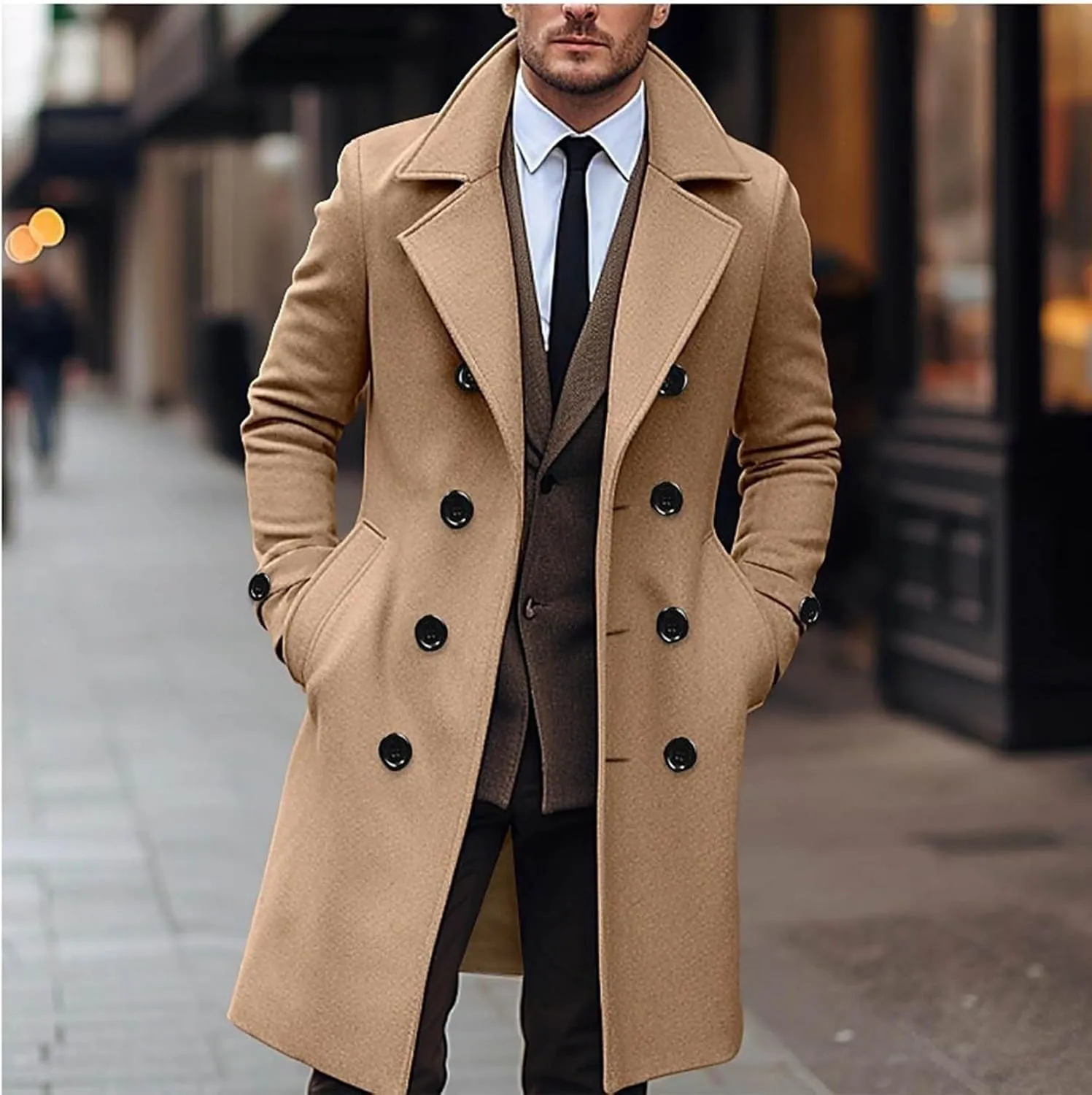 Men's Trench Coat Classic Notched Lapel Peacoat Warm Double Breasted Overcoat Elegant Long Jacket Overcoat