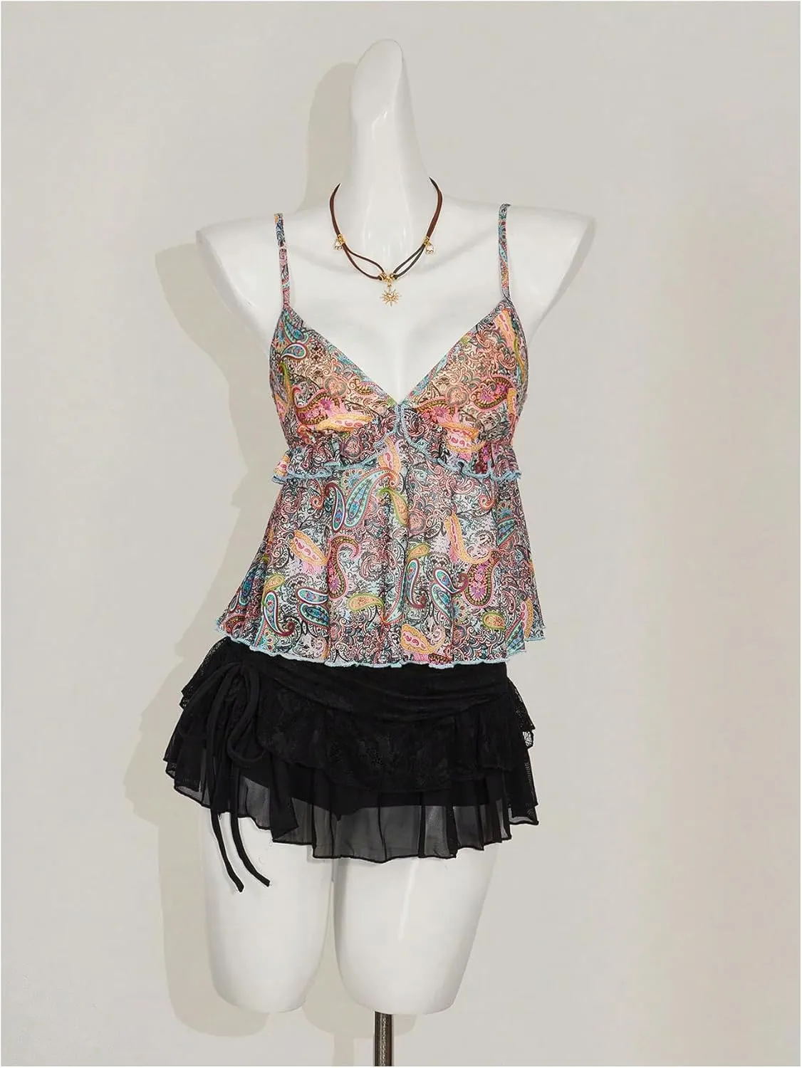 Milumia Women's Floral Mesh Cami Crop Top V Neck Ruffle Spaghetti Strap Tank Tops