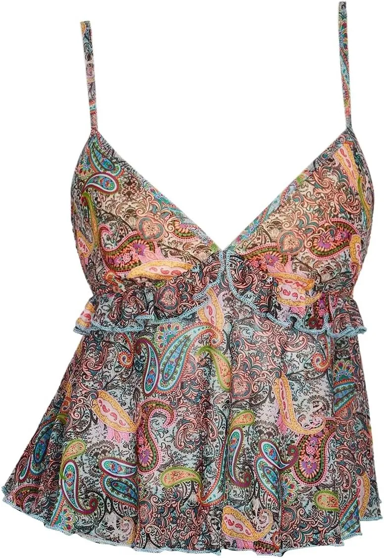 Milumia Women's Floral Mesh Cami Crop Top V Neck Ruffle Spaghetti Strap Tank Tops