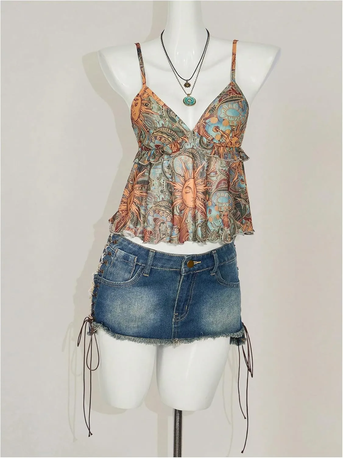 Milumia Women's Floral Mesh Cami Crop Top V Neck Ruffle Spaghetti Strap Tank Tops
