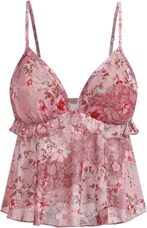 Milumia Women's Floral Mesh Cami Crop Top V Neck Ruffle Spaghetti Strap Tank Tops