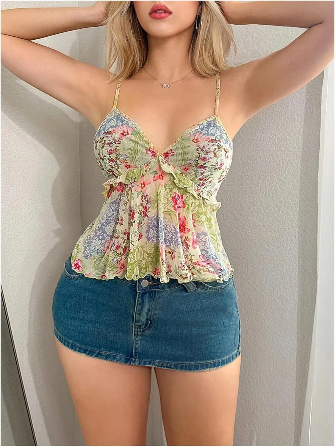 Milumia Women's Floral Mesh Cami Crop Top V Neck Ruffle Spaghetti Strap Tank Tops